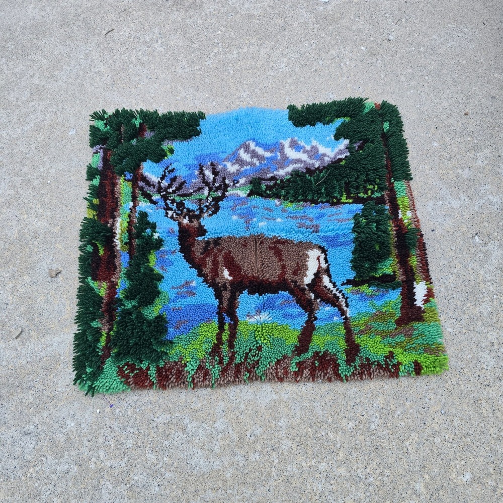 Vintage Latch Hook Rug Wall Hanging Elk Deer Mountain Lake Scenic Cabin Decor